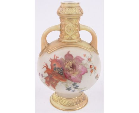A Royal Worcester porcelain 2-handled vase,circa 1900 with hand painted floral design, pattern no. 1034, height 5.25".