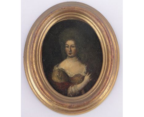 An 18th century miniature oil on metal,portrait of a woman, unsigned, moulded giltwood frame, overall height 4.75".