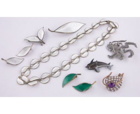 Box of various jewellery,including Georg Jensen sterling silver dolphin brooch, length 40mm, Norwegian sterling silver and wh