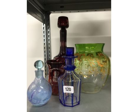 Five various glass items including a cut ruby glass decanter.