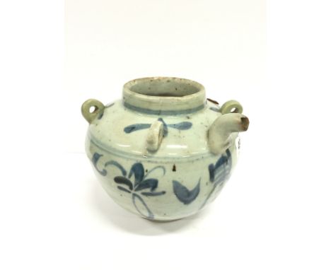 A Chinese blue and white Ming Dynasty water carrier with small spout and lug handles, simply decorated with sprigs of flowers