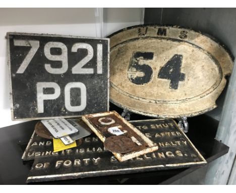 Various original cast Iron, aluminium and enamel plates including a small cast Iron  OUT plate removed from Cadoxton Station 