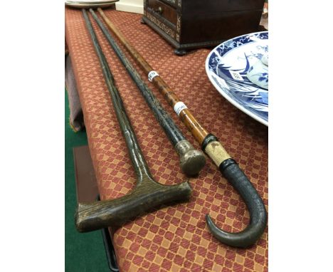 An early 20th century Bavarian Mountaineers walking stick with horn handle inscribed with various town names together with tw