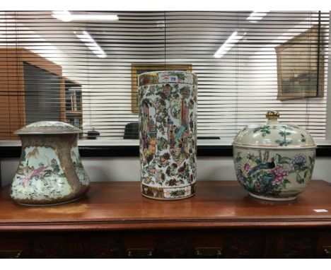 Three various modern Chinese porcelain items including a Famille Rose stick stand, lidded pot and lidded bowl and cover in va