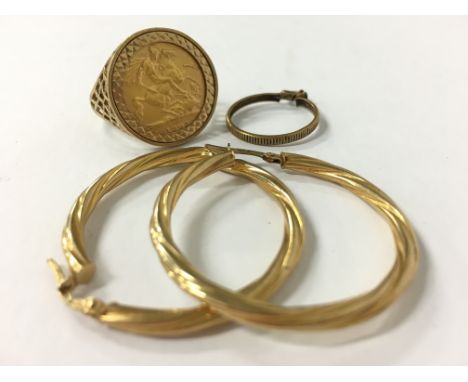 A 1903 gold half Sovereign ring in 9 carat gold mount together with a pair of 9 carat gold earrings and a gold pendant mount 