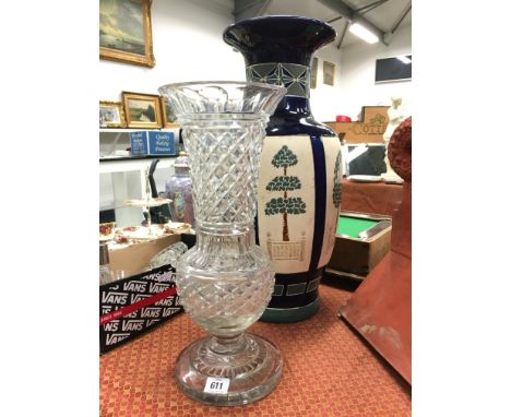 A large cut glass vase together with a modern Chinese ceramic vase.