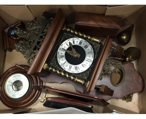 A reproduction Dutch wall clock together with a circular mahogany wall barometer, wooden playing card case and a wall hanging