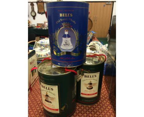 Three Bells Old Scotch Whisky decanters in original boxes including a 1990 Princess Eugene Birth Commemoration decanter.