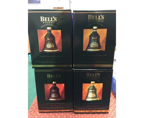 Four Bells Old Scotch Whisky Wade decanters and contents: Christmas 1993, Christmas 1994, Christmas 1995 and Christmas 1992 i