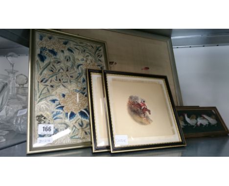 Four various framed and glazed Oriental silk and other pictures, together with a set of four framed and glazed silk mats with