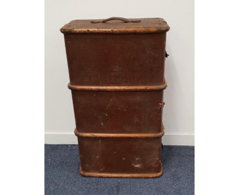 VINTAGE THREE PLY TRAVEL TRUNKwith wood banding and leather side carry handles, 33cm x 91.5cm x 54cm 