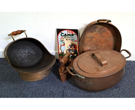 FIVE METALWARE ITEMScomprising a brass coal scuttle, a two handled copper pot stamped 15 to the side, a twin handled copper t