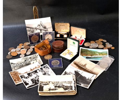 VINTAGE 'CLYDEBUILT FIRST AID OUTFIT' TINcontaining various cufflinks, coins and postcards 