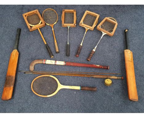 SELECTION OF VINTAGE SPORTING EQUIPMENTcomprising two cricket bats, one Gunn & Moore; one tennis racket and five badminton ra