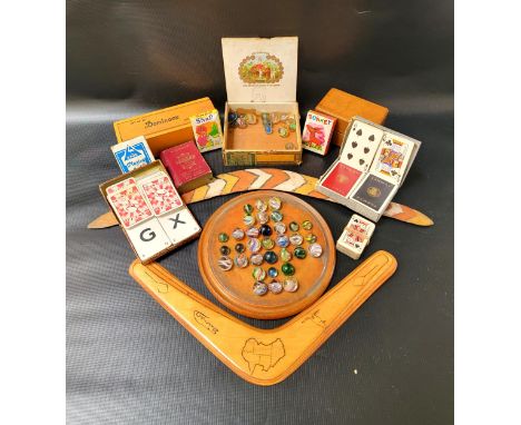 SELECTION OF VINTAGE GAMES consisting of marbles, some with swirls in old cigar box, box of dominos, treen ware money box, so