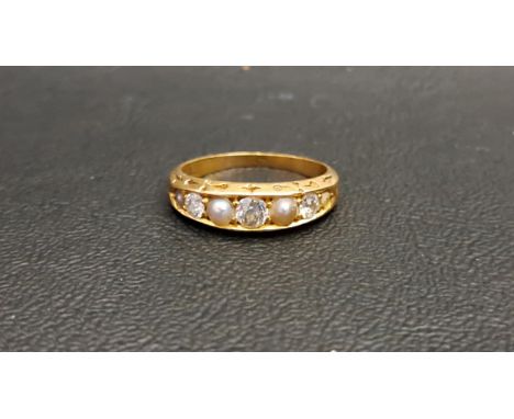 GRADUATED DIAMOND AND PEARL FIVE STONE RINGthe three diamonds totalling approximately 0.35cts, on unmarked high carat gold sh
