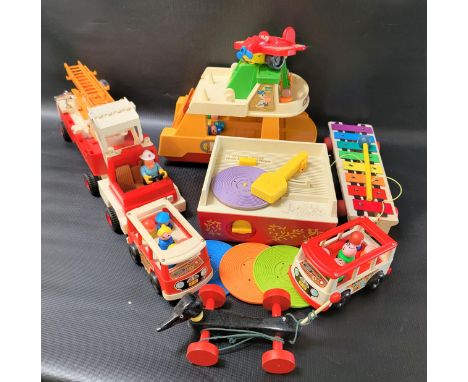 QUANTITY OF VINTAGE FISHER PRICE TOYS including 'Pull a Tune, record player, fire engine, ferry boar, buses, little people, e