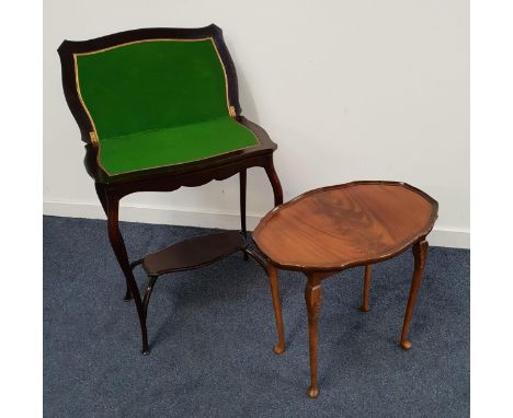 MAHOGANY FOLD OVER CARD TABLE raised on cabriole supports united by an undertier, the interior baize lined, 71cm high; togeth