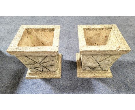 PAIR OF VINTAGE SQUARE CEMENT PLANTERS ON STEPPED STANDSwith crazy paving effect decoration, 35cm high 