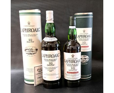 TWO BOTTLES OF LAPHROAIG 10 YEAR OLD SINGLE ISLAY MALT SCOTCH WHISKYone bottle cask strength (70cl and 57.3%), and the other 