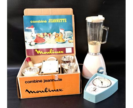 VINTAGE KITCHENALIAcomprising a Smiths blue plastic cased combination wall clock and timer; a boxed Moulinex Combine Jeanette