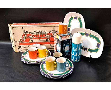 SELECTION OF VINTAGE PICTIC AND CAMPING ITEMScomprising an orange, brown and cream cool box; a selection of plastic plates, c