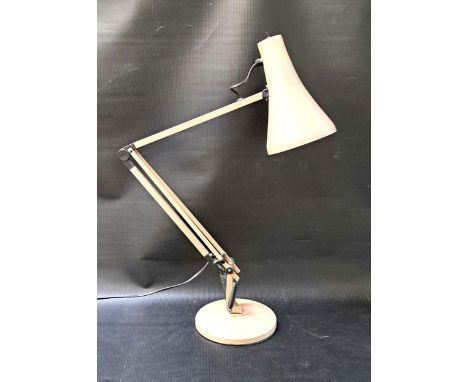 VINTAGE MUSHROOM COLOURED ANGLEPOISE LAMP with weighted base and label to interior shade 