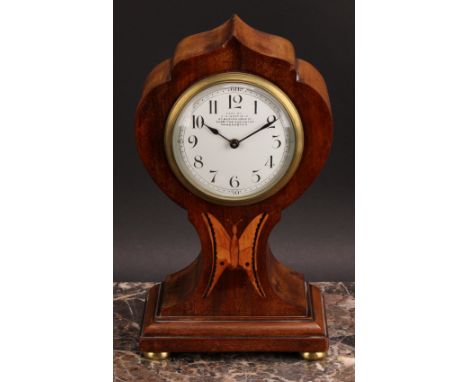 An Edwardian mahogany and marquetry mantel clock, 8.5cm circular enamel dial inscribed EXMD BY F.G.SUFFIELD, 37, BARLOW MOOR 