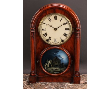 A 19th century American walnut shelf clock, 15cm painted dial inscribed with Roman numerals, twin-winding holes, eight-day mo