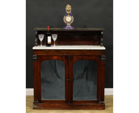 A Post-Regency rosewood chiffonier, rectangular superstructure with shallow shelf, marble top above a pair of doors enclosing