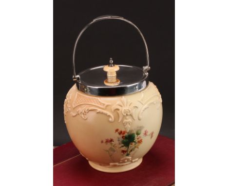 A Royal Worcester Hadley silver mounted ovoid biscuit barrel, moulded in relief and decorated in polychrome with thistles and