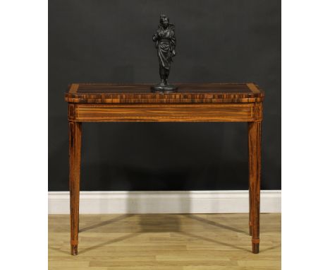 A George III satinwood crossbanded coromandel card table, hinged top enclosing a baize lined playing surface, 73.5cm high, 91