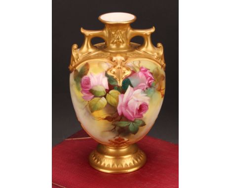 A Royal Worcester ovoid vase, painted by R Austin, signed, with roses on a blush ivory ground, moulded with scrolls and picke