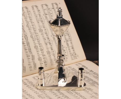 A Victorian silver novelty table centre cigar lighter, as a street lamp, the triform base with three taper holders, 25.5cm hi