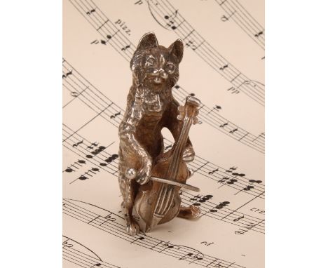 An Elizabeth II silver novelty miniature model, cast as a cat playing a cello, 6cm high 