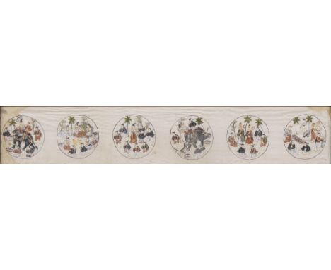 A 19th century Burmese silk panel, painted with six roundels depicting court scenes, tiger hunting, marriage procession, etc,