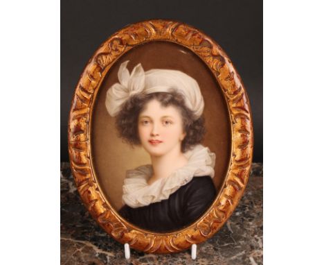 A 19th century German porcelain oval plaque, probably KPM, after Elisabeth Vigee Le Brun, Self Portrait, signed Weigel, 16cm 