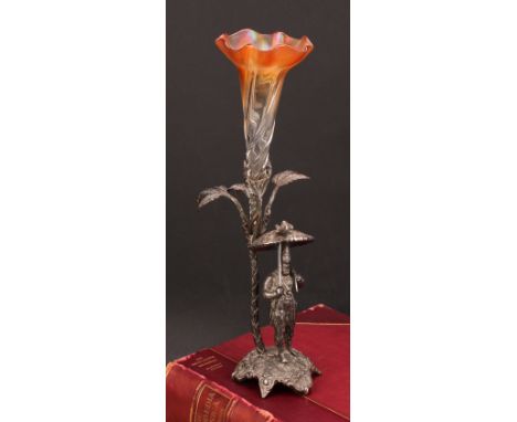 A silver plated epergne, modelled as Robinson Crusoe standing beneath a palm tree, carnival glass flute, 33.5cm high, c.1900 