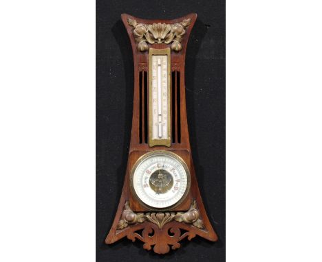 An Art Nouveau mahogany barometer, 10.5cm circular register inscribed JOHN PERRY, NOTTINGHAM, the case applied with a thermom