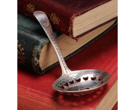 A George III silver caddy spoon, pierced oval bowl, bright-cut and wrigglework engraved, 7.5cm long, George Burrows, London 1