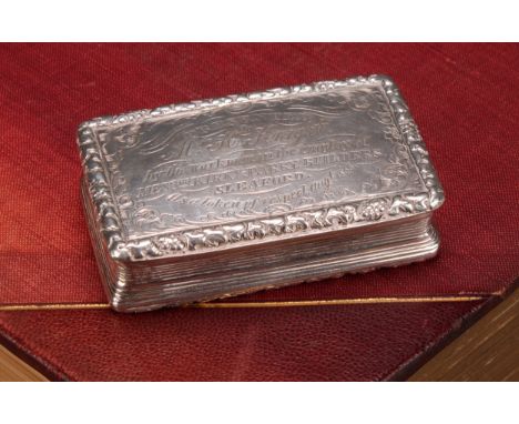 A George IV silver rectangular snuff box, hinged cover inscribed Presented to Mr H Knight by the Workmen in the Employ of Mes