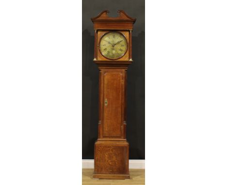 A George III oak longcase clock, 33cm circular brass dial inscribed Wainwright, Nottingham, Roman and subsidiary Arabic numer