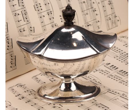 A Victorian silver boat shaped pedestal tea caddy, hinged cover, 13cm wide, Thomas Bradbury &amp; Sons, London 1897, 222g 