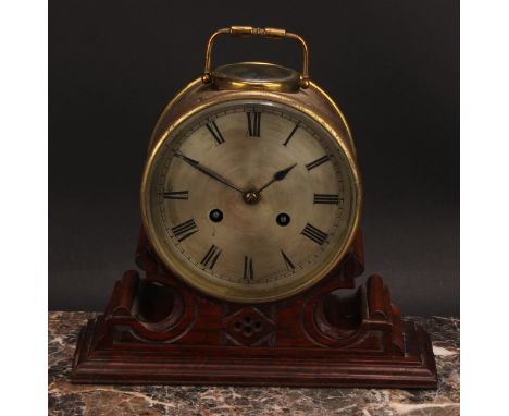 A 19th century brass drum clock, 12cm circular silvered dial inscribed with Roman numerals, twin winding holes, eight day mov