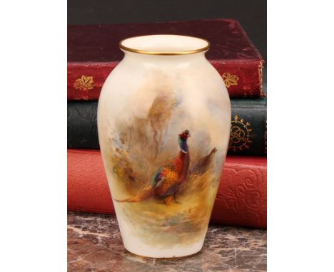 A Royal Worcester ovoid vase, painted by James Stinton, signed, with pheasants, 10.5cm high, printed crown and circle mark in