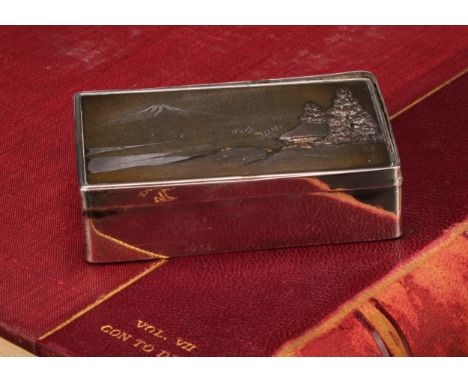 A Japanese silver and mixed metal rounded rectangular snuff box, the hinged cover decorated with traditional house amongst tr