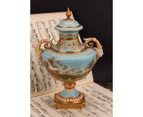 A Royal Worcester pedestal vase and cover, painted by Charles Baldwin, signed, with swans, on a blue ground, 28cm high, shape
