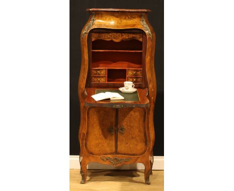 A late 19th century French Louis XV Revival gilt metal mounted rosewood banded and marquetry bombe shaped secrétaire à abatta