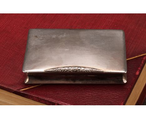 A Continental silver waisted rectangular snuff box, hinged cover, quite plain, leafy thumbpiece, gilt interior, 8cm wide, mar