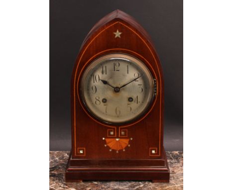 An Edwardian mahogany and parquetry lancet-arch mantel clock, 14.5cm circular silvered dial inscribed with Arabic numerals, t